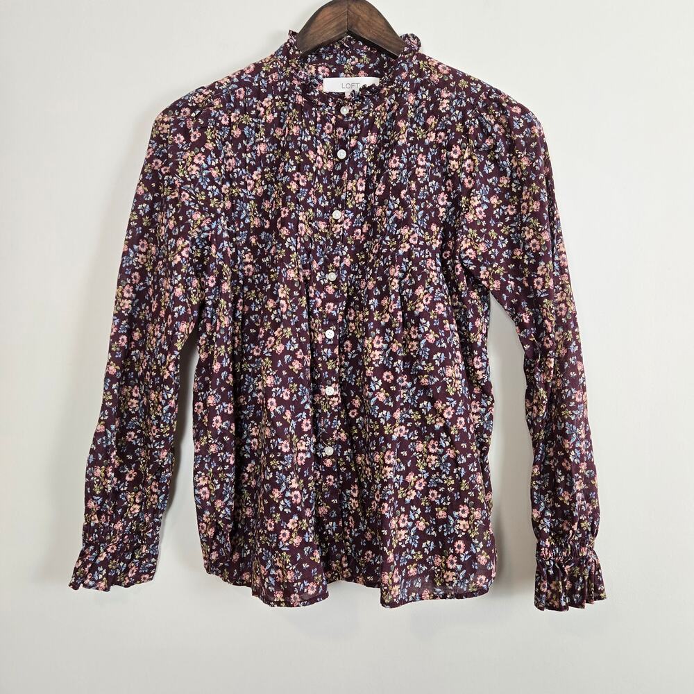 Loft Floral Mockneck Button Up Shirt Purple Multi XS - Picture 6 of 11